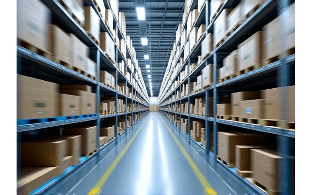 自動化された倉庫内でロボットが荷物を運搬する様子